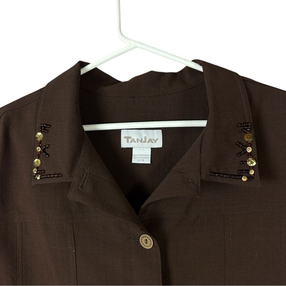 TanJay Beaded Dark Brown Button Down Sleeveless Top - Picture 2 of 8